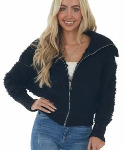 Style Melody Black Teddy Turtleneck Zip Up Sweater Jacket