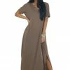 ZENANA Dresses Coffee Short Sleeve Maxi Dress With Side Slits