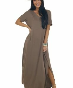 ZENANA Dresses Coffee Short Sleeve Maxi Dress With Side Slits
