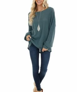 Umgee Tops Dark Teal Oversized Waffle Knit Top With Bubble Sleeves