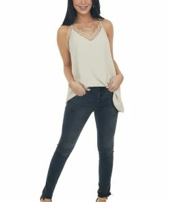 VISION Tops Latte V Neck Lace Trim Racerback Camisole 25 VISION Tops Latte V Neck Lace Trim Racerback Camisole