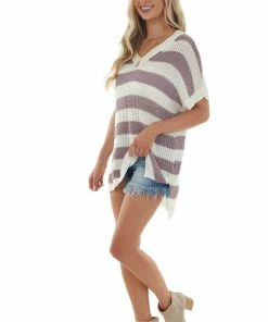 La Miel Tops Off White And Mauve Striped Loose Knit Top