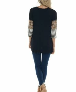 Now N Forever Black Multi Print Knit Top With 3-4 Sleeves