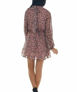 Peach Love Light Hibiscus Cheetah Print Mock Neck Dress