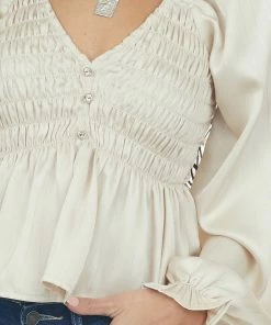 Blu Pepper Champagne Smocked Bubble Sleeve V Neck Blouse