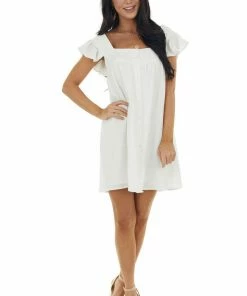 Entro Ivory Babydoll Short Sleeve Button Up Dress