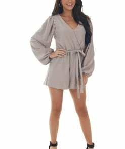 Peach Love Mauve Shimmery Surplice Bubble Sleeve Romper 29 Peach Love Mauve Shimmery Surplice Bubble Sleeve Romper