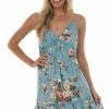 Umgee Dusty Blue Floral Print Babydoll Short Dress Dresses