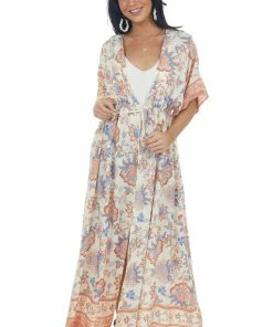 Ces Femme Cream Floral Print Tie Waist Duster Kimono