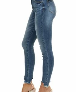 Special A Bottoms Dark Wash Mid Rise Ankle Cut Jeans With Distressed Hemline