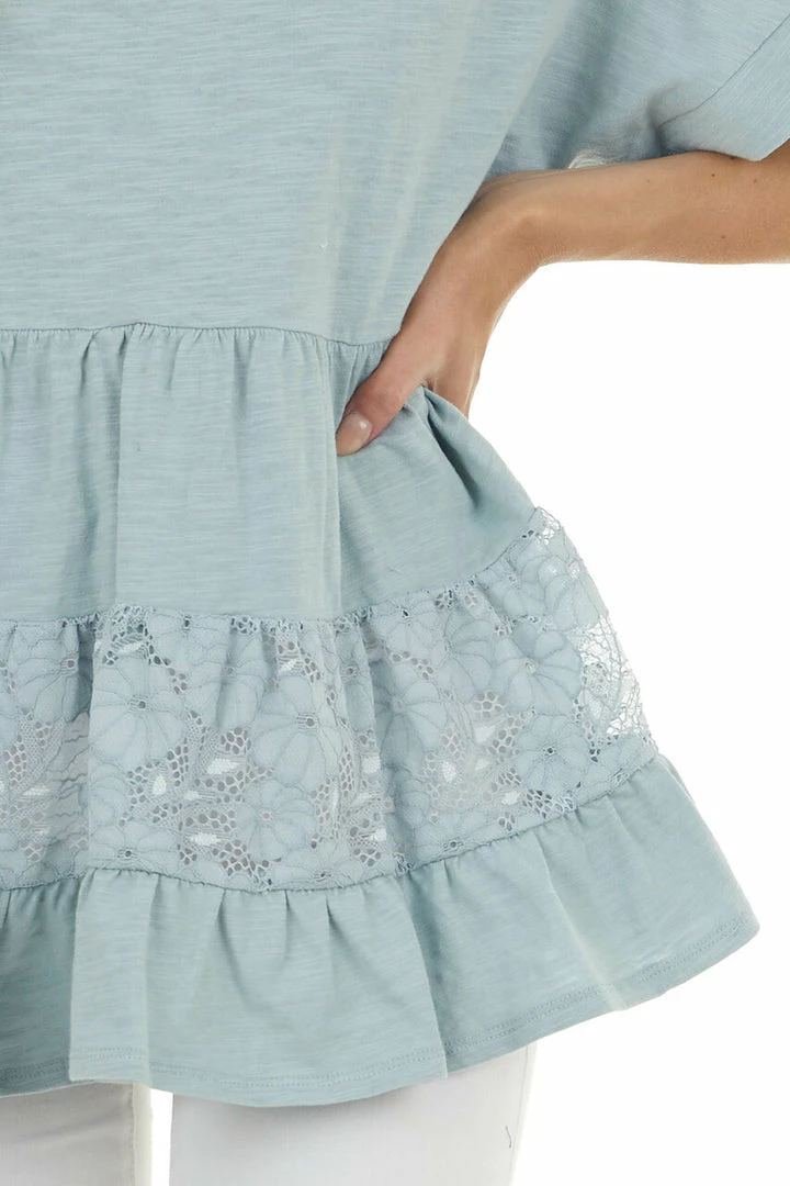 Umgee Vintage Seafoam Drop Waist Tiered Knit Top With Lace Detail 15 Umgee Vintage Seafoam Drop Waist Tiered Knit Top With Lace Detail