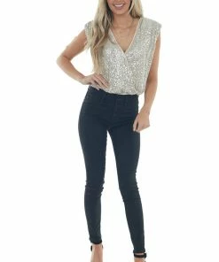 She + Sky Cream Sequined Surplice Shoulder Pad Bodysuit 24 She + Sky Cream Sequined Surplice Shoulder Pad Bodysuit