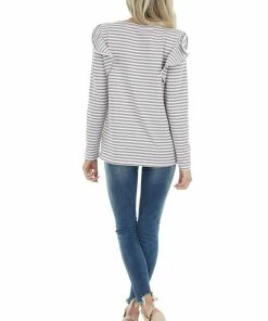 Doe & Rae Mocha And Ivory Striped Long Sleeve Top With Ruffle Detail