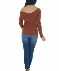 Lush Clothing Spice Long Sleeve One Shoulder Ribbed Knit Top Tops