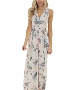 Sweet Lovely Blush Floral Sleeveless Surplice Maxi Dress With Pockets
