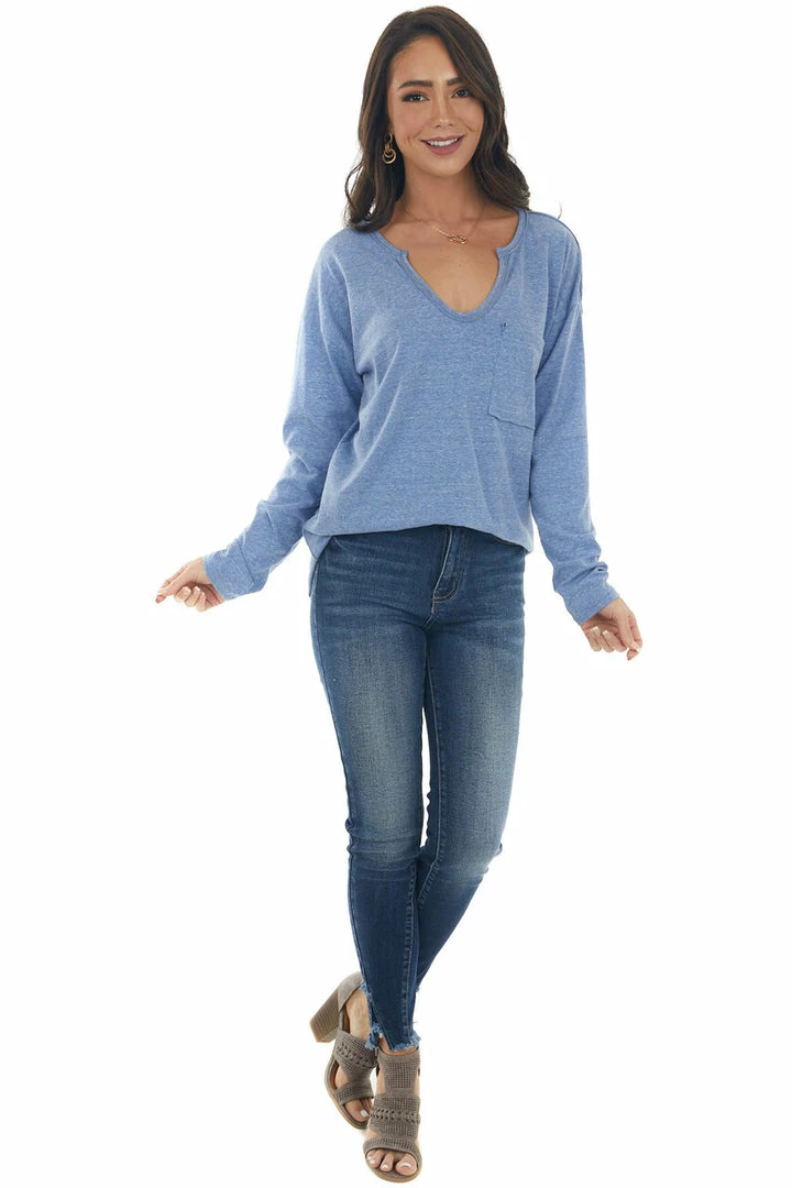 BiBi Tops Heathered Blue Notch Neck Chest Pocket Top 18 BiBi Tops Heathered Blue Notch Neck Chest Pocket Top