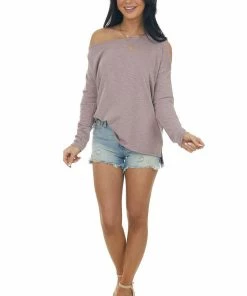 Fantastic Fawn Faded Mauve Melange Off The Shoulder Knit Top Tops
