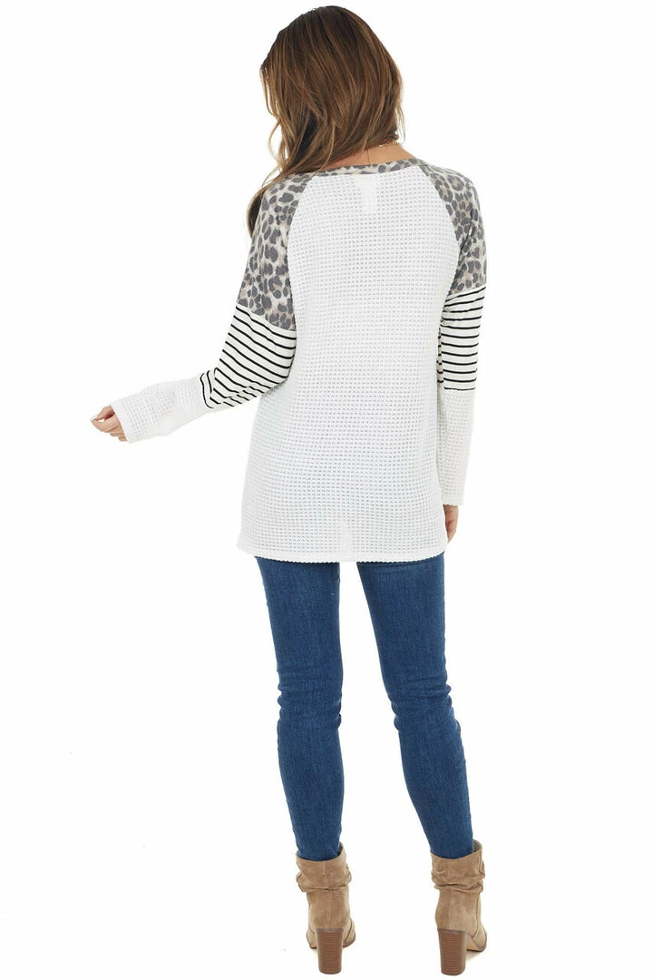 BiBi White Waffle Knit Top With Striped And Leopard Print Contrast 18 BiBi White Waffle Knit Top With Striped And Leopard Print Contrast