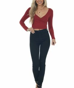 Nikibiki Cranberry Ribbed Long Sleeve Surplice Crop Top Tops