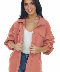 Cezele Terracotta Button Up Oversized Shirt Jacket Tops 26 Cezele Terracotta Button Up Oversized Shirt Jacket Tops