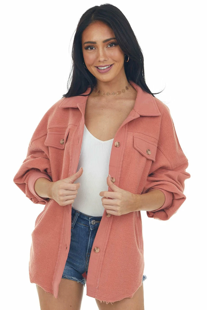 Cezele Terracotta Button Up Oversized Shirt Jacket Tops 11 Cezele Terracotta Button Up Oversized Shirt Jacket Tops