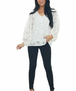 Vine & Love Tops Ivory Floral Lace Long Bubble Sleeve Blouse