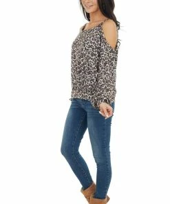 Peach Love Oatmeal Leopard Print Long Sleeve Top With Cold Shoulders Tops