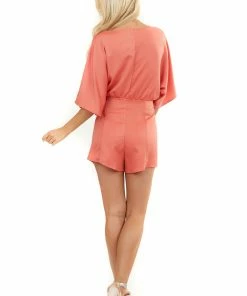 Wishlist Dresses Brick Red Short Sleeve Woven Surplice Romper