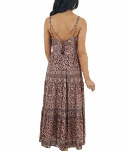 ANGIE Dusty Rose Floral Print Tiered Midi Dress With Tie Details Dresses