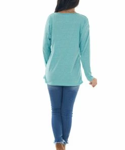 BiBi Tops Heathered Teal Notch Neck Chest Pocket Top