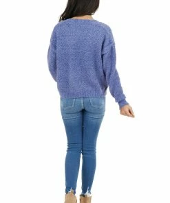 HYFVE Dusty Blue Two Tone Slightly Cropped Sweater With V Neck