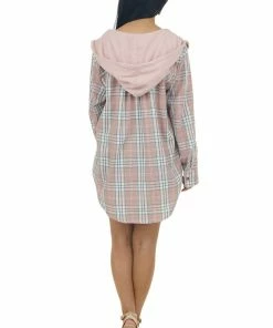 143 Story Dusty Blush Plaid Button Up Hoodie Shacket