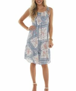 Ces Femme Powder Blue Printed Sleeveless Short Dress 16 Ces Femme Powder Blue Printed Sleeveless Short Dress