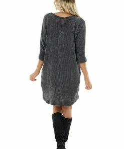 First Love Charcoal Chenille Knit Sweater Dress With 3/4 Dolman Sleeves