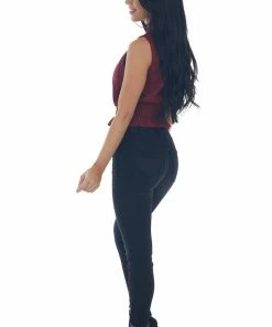 She + Sky Tops Wine Jacquard Sleeveless Mock Neck Peplum Top