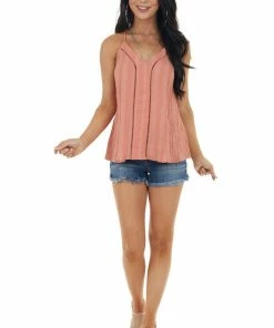 Lush Clothing Tops Coral Striped Textured Sleeveless Top With Peekaboo Detail