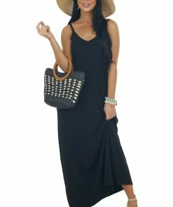 ZENANA Dresses Black Sleeveless Knit Maxi Dress With Pockets