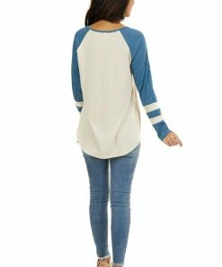 7th Ray Tops Cream Top With Ocean Waffle Knit Contrast Sleeves 28 7th Ray Tops Cream Top With Ocean Waffle Knit Contrast Sleeves