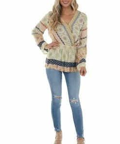 Doe & Rae Light Beige Printed Surplice Swiss Dot Blouse 27 Doe & Rae Light Beige Printed Surplice Swiss Dot Blouse