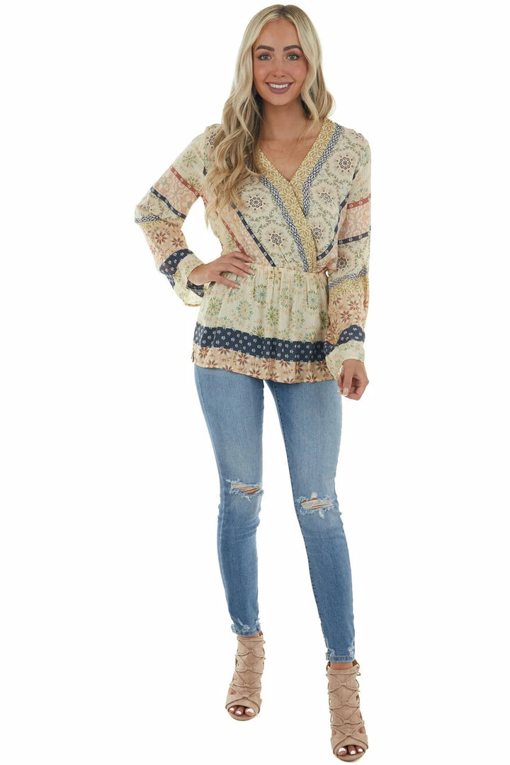 Doe & Rae Light Beige Printed Surplice Swiss Dot Blouse 12 Doe & Rae Light Beige Printed Surplice Swiss Dot Blouse