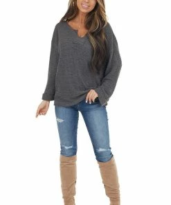 Jodifl Charcoal Grey Waffle Knit Notch Neck Top With Loose Sleeves Tops
