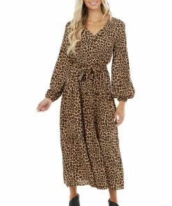 Supreme Fashion Desert Sand Button Up Leopard Print V Neck Midi Dress Dresses