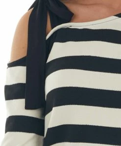 BiBi Cream Striped Top With Tied Cold Shoulder