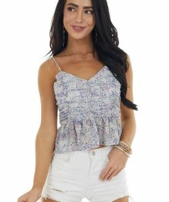 Emory Park Tops Indigo Ditsy Floral Sleeveless Peplum Top