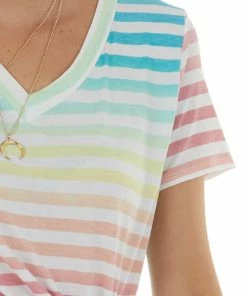HEIMISH Rainbow Ombre Striped Short Sleeve Knit Tee Tops