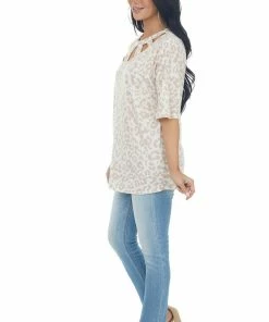 Lovely J Tops Vanilla Leopard Print Knit Tee With Cut Out Neckline Detail