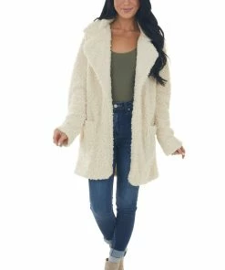 HYFVE Cream Fuzzy Sherpa Lapel Open Front Coat Outerwear