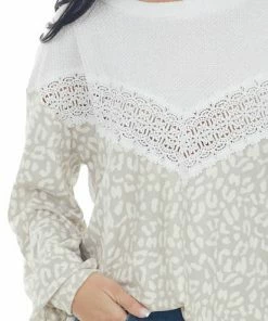 BiBi Ivory Leopard Print Crochet Detail Knit Top