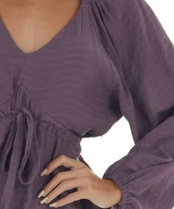 &merci Tops Deep Lilac V Neck Flowy Blouse With Tie Detail