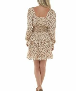 Hailey & Co Dresses Latte Floral Long Sleeve Tiered Short Dress
